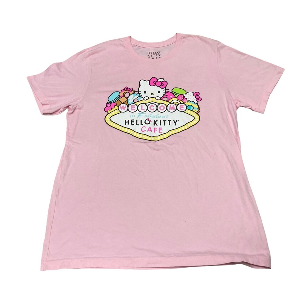 Hello Kitty Cafe Las Vegas Pink Graphic T-Shirt Sanrio Souvenir Large Tee